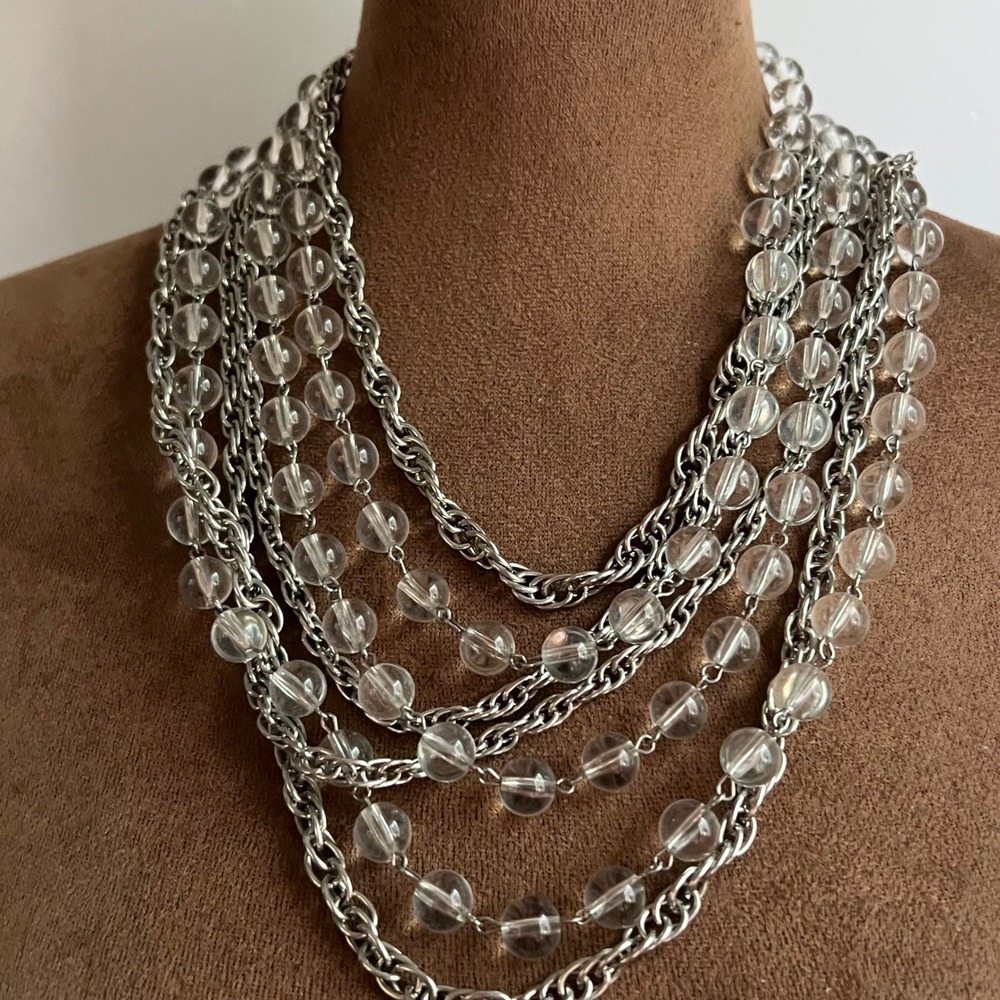 VCLM Multi Strand Layered Silver Tone Clear Bead Statement Necklace 18-24" Glam
